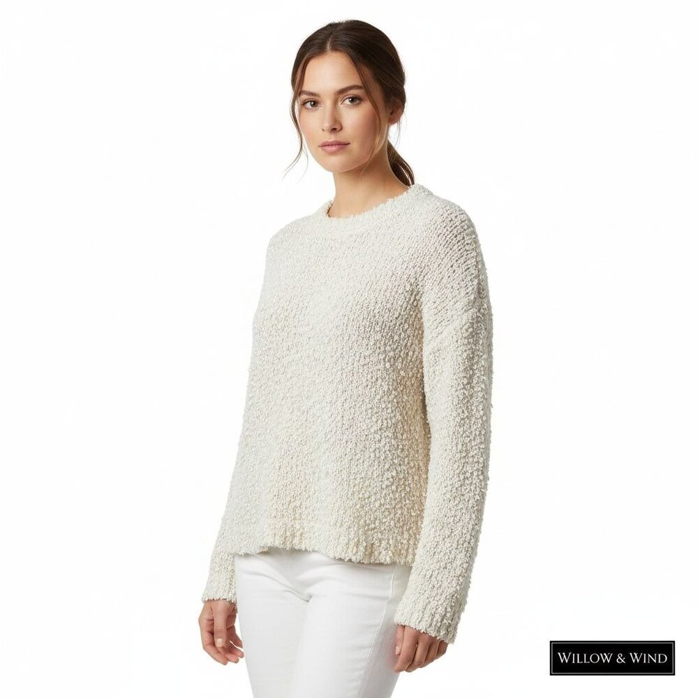 Willow & Wind Soft Boucle Ivory Sweater with Hints of Light Blue & Light Pink
